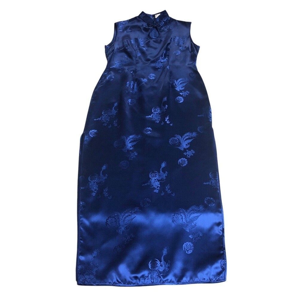 Vintage‎ Peking Dress Womens 40 Blue Brocade Chinese Dragon Maxi Sleeveless Slit